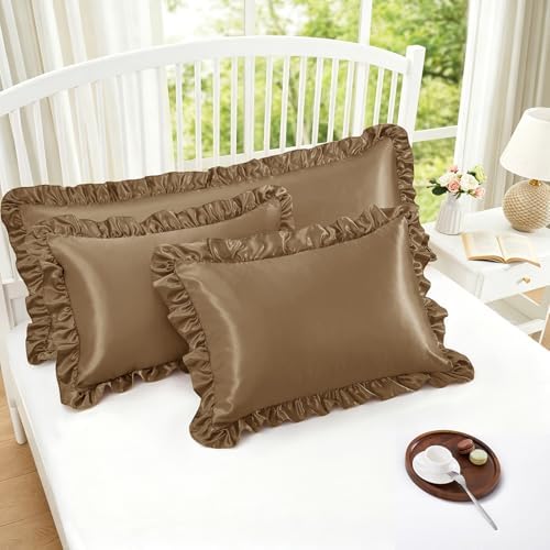 Homiest Camel Brown Ruffle Satin Pillowcase Set of 2 - Image 2