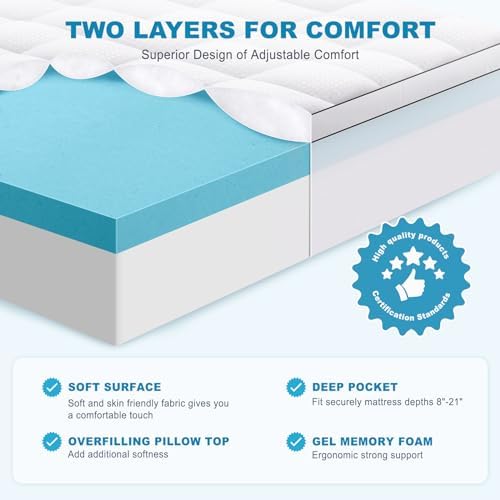 MASVIS Full Size Dual Layer 4 Inch Memory Foam Mattress Topper, 2 Inch Gel - Image 2
