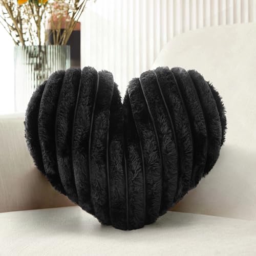 16 Inch Heart Shaped Pillow Black Faux Fur Fluffy Decorative Throw Pillows by Nmkopzy