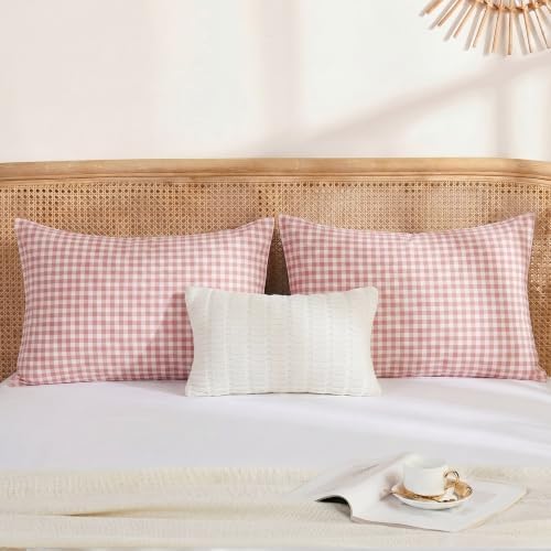 Merryword 100% Cotton Pillow Cases, King Size, Rose Beige Gingham Pillowcases - Image 4