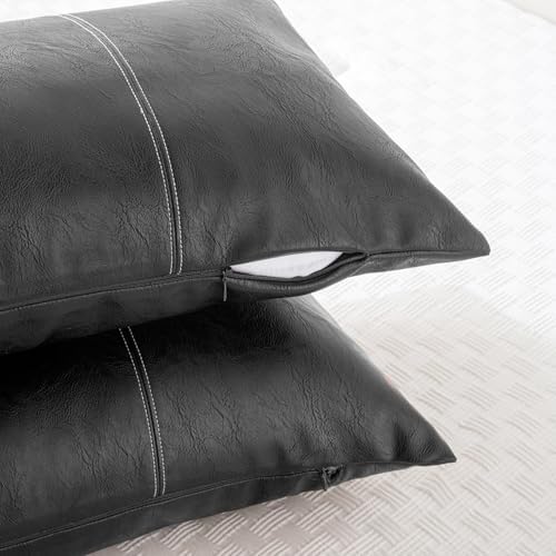 Fancy Homi Black Boho Long Lumbar Faux Leather Decorative Throw Pillow Covers - Image 3