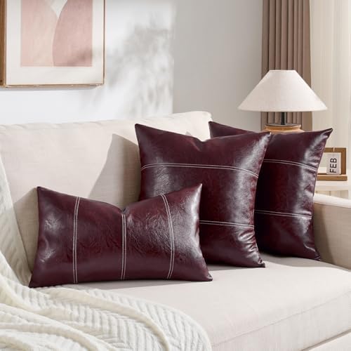 Fancy Homi Burgundy Lumbar Waterproof Faux Leather Decorative Throw Pillow - Image 5