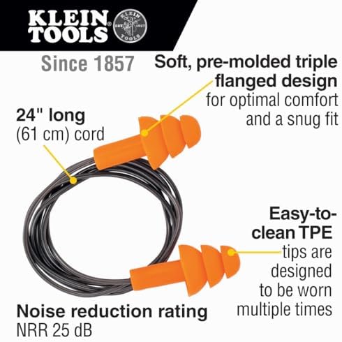 Klein Tools 605036 Corded Earplugs, 25dB NRR, Reusable Orange Ear Protection - Image 2
