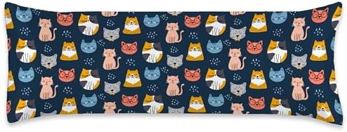 Body Pillow Cover with Zipper, Cute Colorful Cats on A Navy Blue Imitation Silk by Unknown