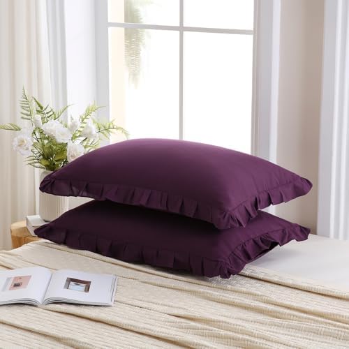 Merryword Dark Purple Pillow Shams Purple Ruffle Standard Pillowcases Cute - Image 3