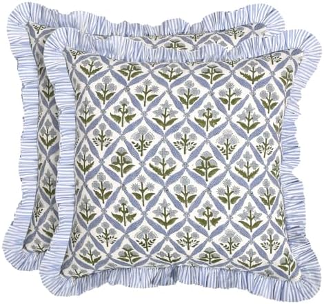 Ridhi Block Print Light Steel Blue Throw Pillow Cover 16" x 16" Decorative by Ridhi
