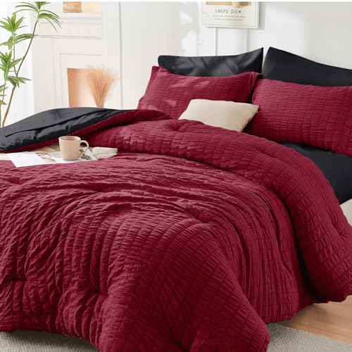 HYMOKEGE Red & Black Queen Comforter Set Seersucker 7 Pieces, All Season Luxury by HYMOKEGE