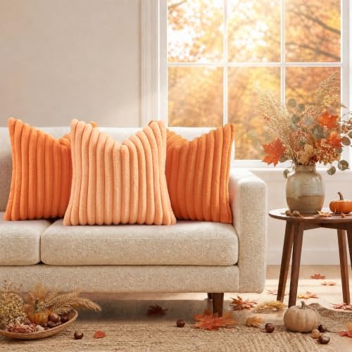 decorUhome Fall Faux Fur Throw Pillow Covers 16x16 Set of 2 Pumpkin Orange - Image 5
