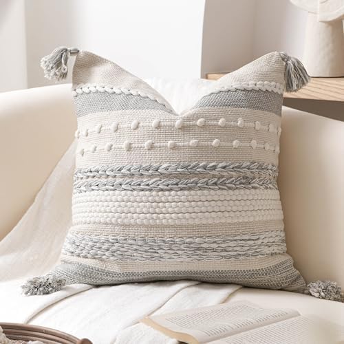 BlissBlush Gray Boho Decorative Throw Pillow Cover 22x22 Square Farmhouse by BlissBlush
