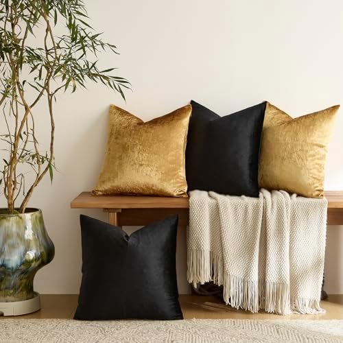 GIGIZAZA Pack of 4 Decorative Velvet Pillow Covers 20x20 Black Gold - Image 3