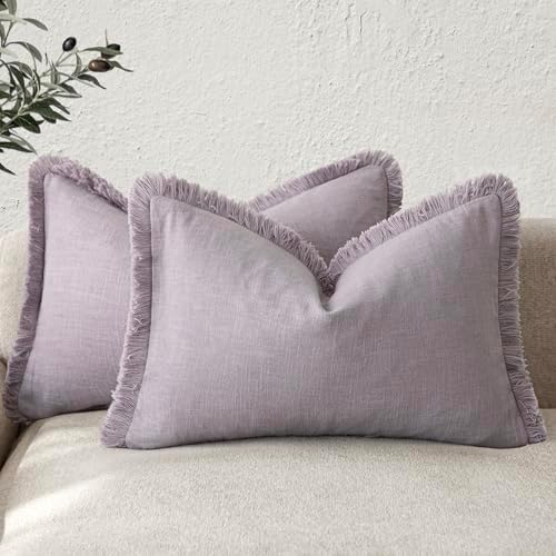 Foindtower Boho Linen Fringe Lumbar Throw Pillow Covers 12×20 Light Purple by Foindtower