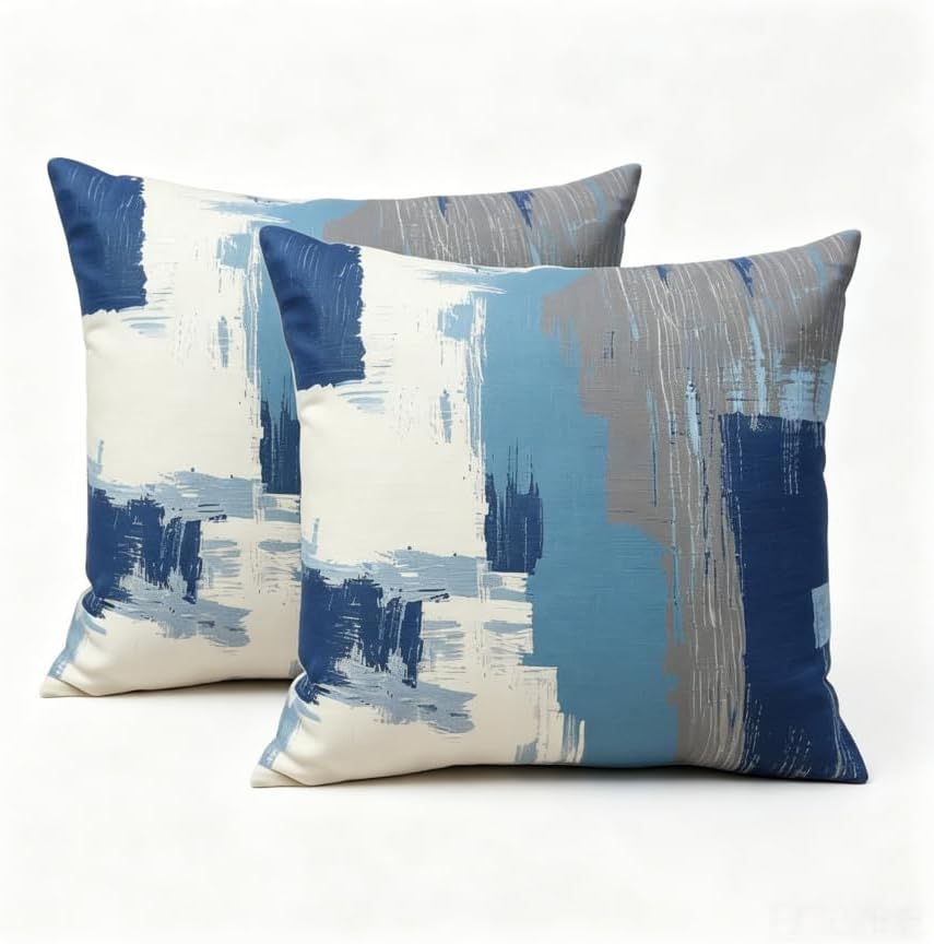 Abstract Blue Grey Throw Pillow Covers 18x18 Set of 2, Linen Cushion Cases by Unknown