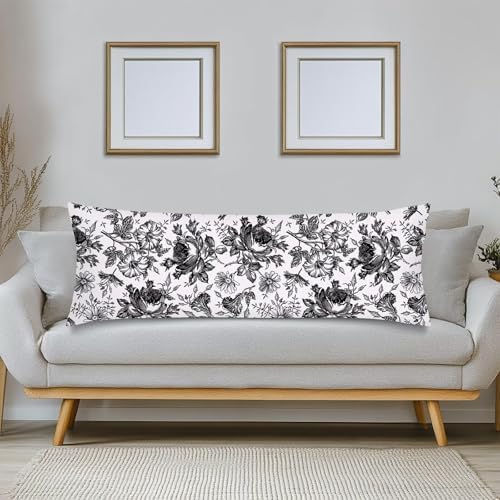 Black and White Porcelain Floral Body Pillow Cover 20x54 Long Pillow Case - Image 3