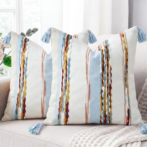 PANOD Chenille Farmhouse Throw Pillow Covers 18 x 18 Blue Brown, Neutral Boucle - Image 2