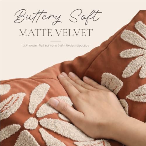 BlissBlush Lumbar Pillow Cover 12x20 Inch, Rust Terracotta Floral Tufted Velvet - Image 4