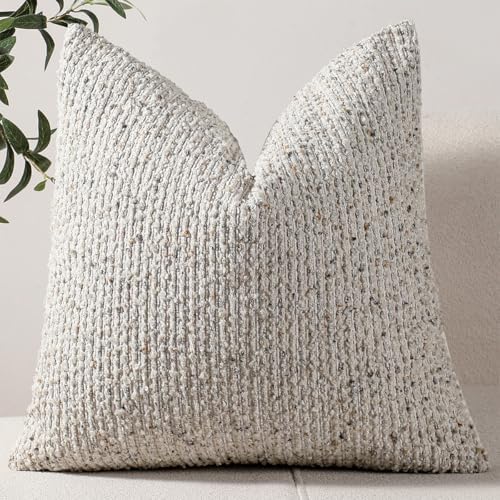 DEZENE 22x22 Cream Grey Throw Pillow Cover Textured Boucle Striped Chic Morden by DEZENE