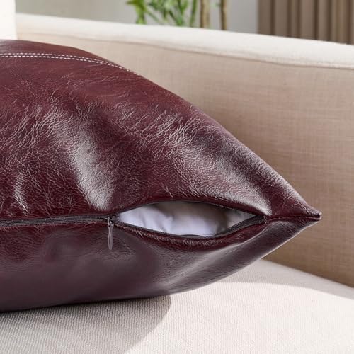 Fancy Homi Burgundy Long Lumbar Faux Leather Decorative Throw Pillow Covers - Image 3