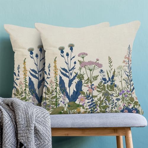 AEIOAE Navy Blue Teal Pillow Covers 18x18 Inch Set of 2, Spring Wildflower - Image 2
