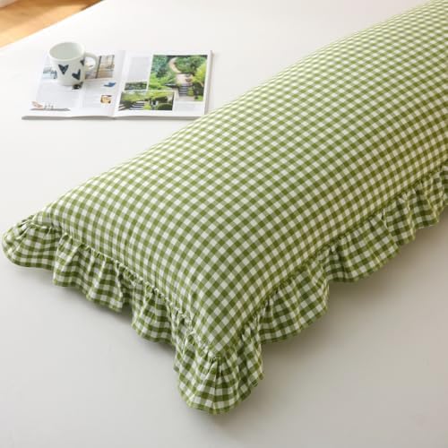 Silnuo Olive Green/White Gingham Ruffled Body Pillow Cover 20"x54" - Image 3