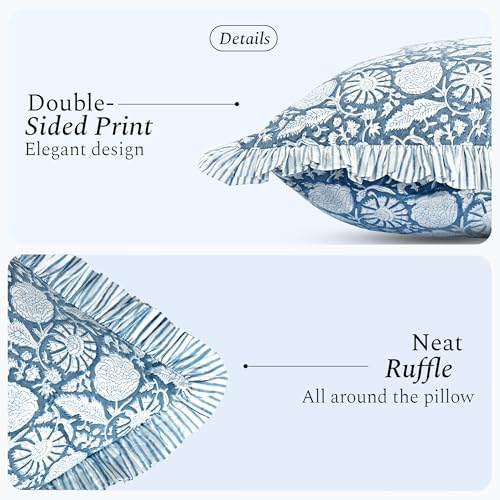 CPC Block Print Blue Meadow Ruffle Cotton Lumbar Pillow Cover 12x20 inch - Image 2