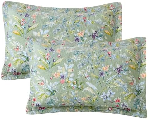 Lady Ann Cotton Quilted Pillow Shams 20x30, Bird Butterfly & Green Floral by LadyAnn