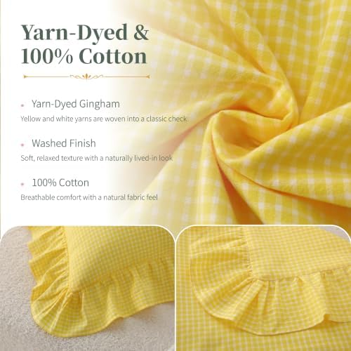 Gingham Throw Pillow Covers 18x18, Sunny Yellow, Ruffle Trim - Image 3