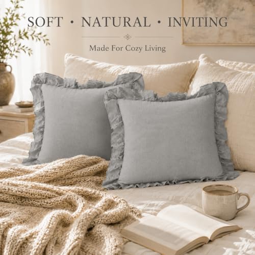 JoraLion Ruffled Throw Pillow Cover 18x18 Solid Light Gray - Image 2