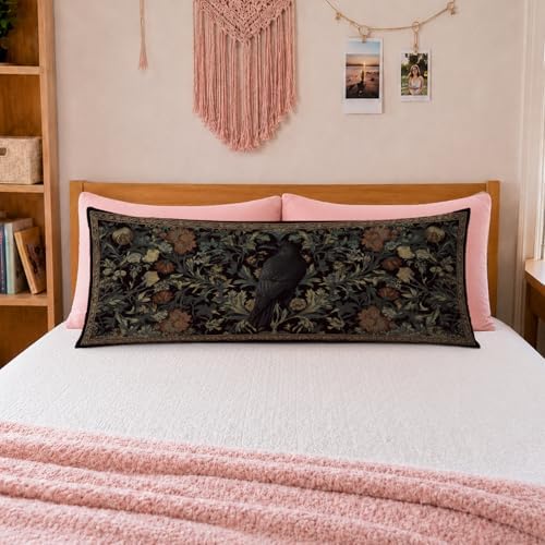 Gothic Moody Floral Raven 20x54 Body Pillow Cover, Dark Academia Room Decor - Image 2