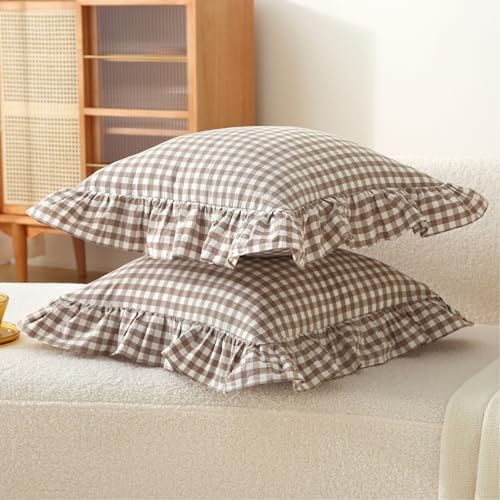 Gingham Throw Pillow Covers 22 x22, Warm Taupe/White, Ruffle Trim - Image 7