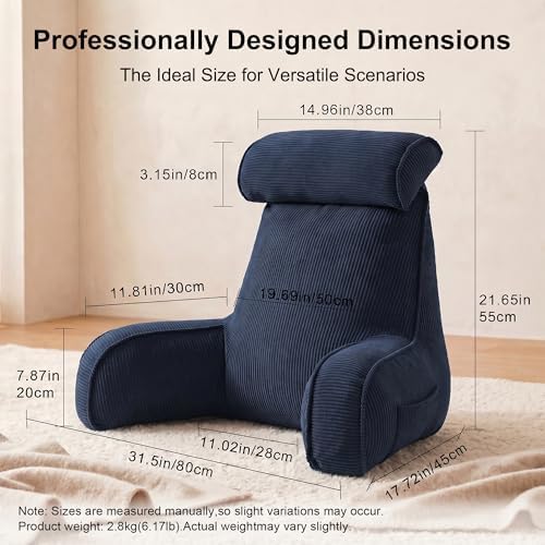 Bed Rest Reading Pillow with Arms & Detachable Headrest, Corduroy Backrest - Image 4