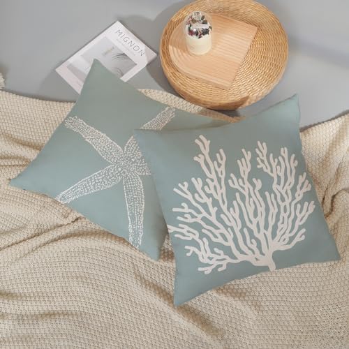 Coastal Pillow Covers 20x20 Inch Set of 2 Blue Coral Starfish Throw Pillows - Image 5