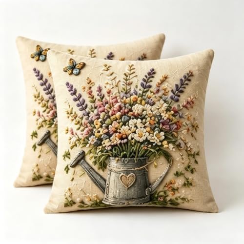 2D Flat Vintage Floral Linen Throw Pillow Covers 18x18 Set of 2 by Unknown