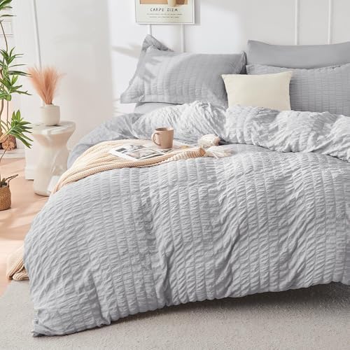 HYMOKEGE Light Grey Oversized King Comforter Set Seersucker 7 Pieces, All - Image 2