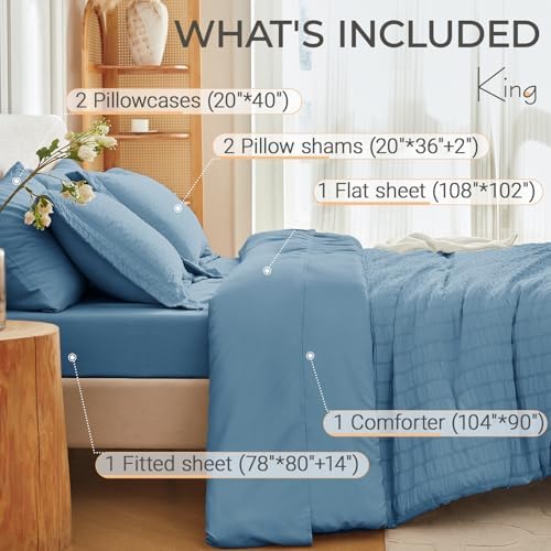 MUXHOMO 7 Pieces King Comforter Set, Seersucker Bed in a Bag King Size - Image 4