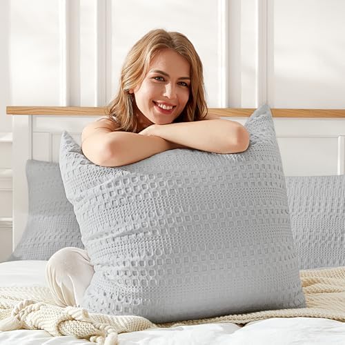 100% Coton Waffle Weave Euro Shams 2 Pack, Soft Aesthetic Throw Pillow Covers by MOSLUNA