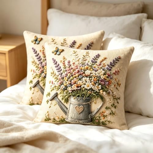 2D Flat Vintage Floral Linen Throw Pillow Covers 18x18 Set of 2 - Image 4