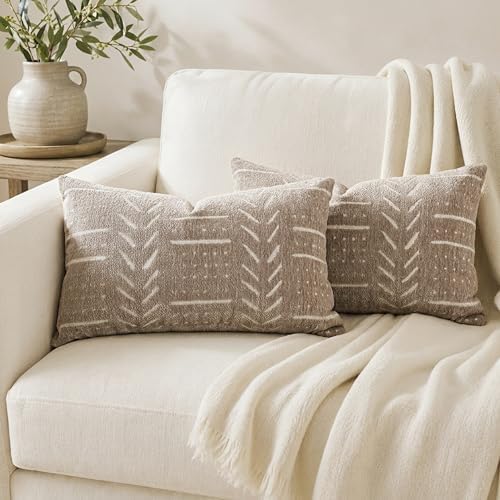 BlissBlush Decorative Lumbar Pillow Covers 12x20 Set of 2, Taupe Soft Woven by BlissBlush