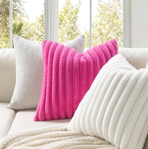 MIULEE Faux Fur Decorative Throw Pillow Covers 18x18 Set of 2 Hot Pink - Image 3
