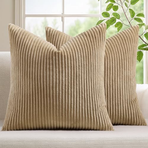 Mecatny Corduroy Fall Decorative Throw Pillow Covers 16x16 Set of 2 Khaki by Mecatny