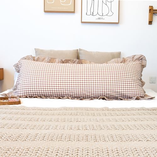 JoraLion Ruffled Body Pillow Cover 20x54 Gingham Khaki Solid Edge by JoraLion
