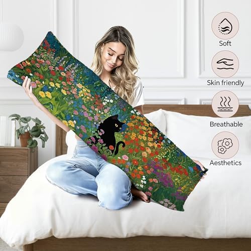 Floral Black Cat 20x54 Body Pillow Cover, Cats Lovers Lady Gifts, Cat Mom - Image 3