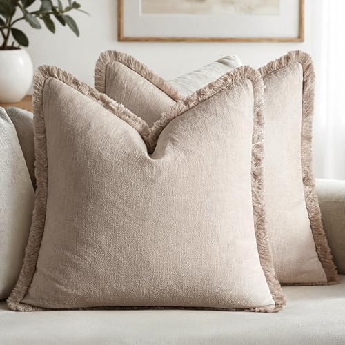 MIULEE Boho Natural Linen Fringe Decorative Euro Throw Pillow Covers 24x24 by MIULEE