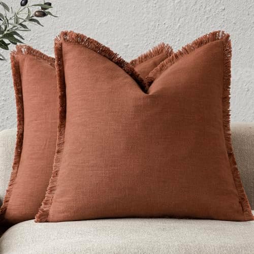 Foindtower Decorative Linen Fringe Throw Pillow Covers 16×16 Rust Orange by Foindtower