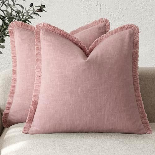 Foindtower Decorative Linen Fringe Throw Pillow Covers 24×24 Inch, Rose Pink by Foindtower