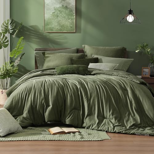 Monbix Oversized Queen Comforter Set Olive Green 7 Pieces Bed in a Bag by Monbix