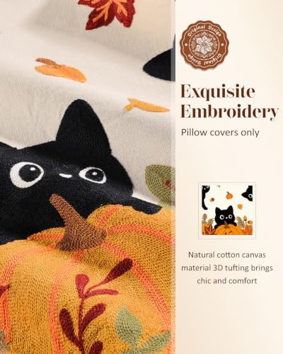 Fall Embroidered Throw Pillow Cover 18x18 Inch, Cat Pumpkin - Image 2