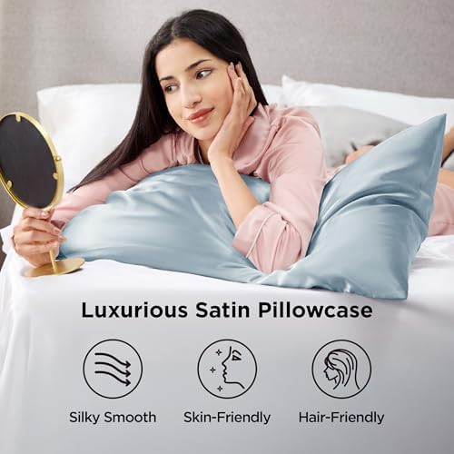 Bedsure Satin Pillowcases Queen Set of 2, Silky Pillow Cases, Stone Blue - Image 2