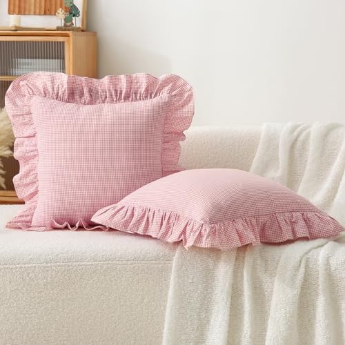 Gingham Throw Pillow Covers 18x18, Ruffle Trim, 2 Pack - Image 2