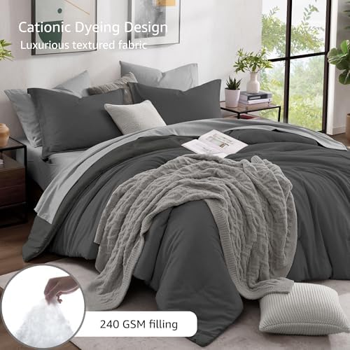 Monbix Queen Comforter Set 7 Pieces Dark Grey Cationic Dyeing Bed in a Bag - Image 3