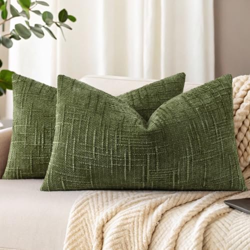 decorUhome Textured Chenille Throw Pillow Covers 12x20 Set of 2 Olive Green by decorUhome